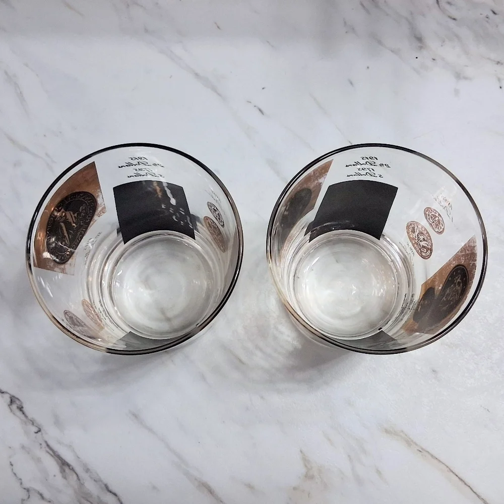 Vintage Cera US Coins Double Old Fashioned Glasses 22k Historical Barware Pair